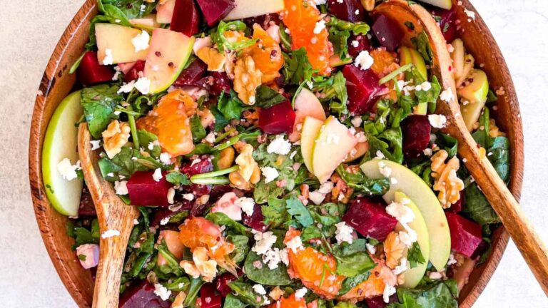 Beetroot salad in a wooden bowl.