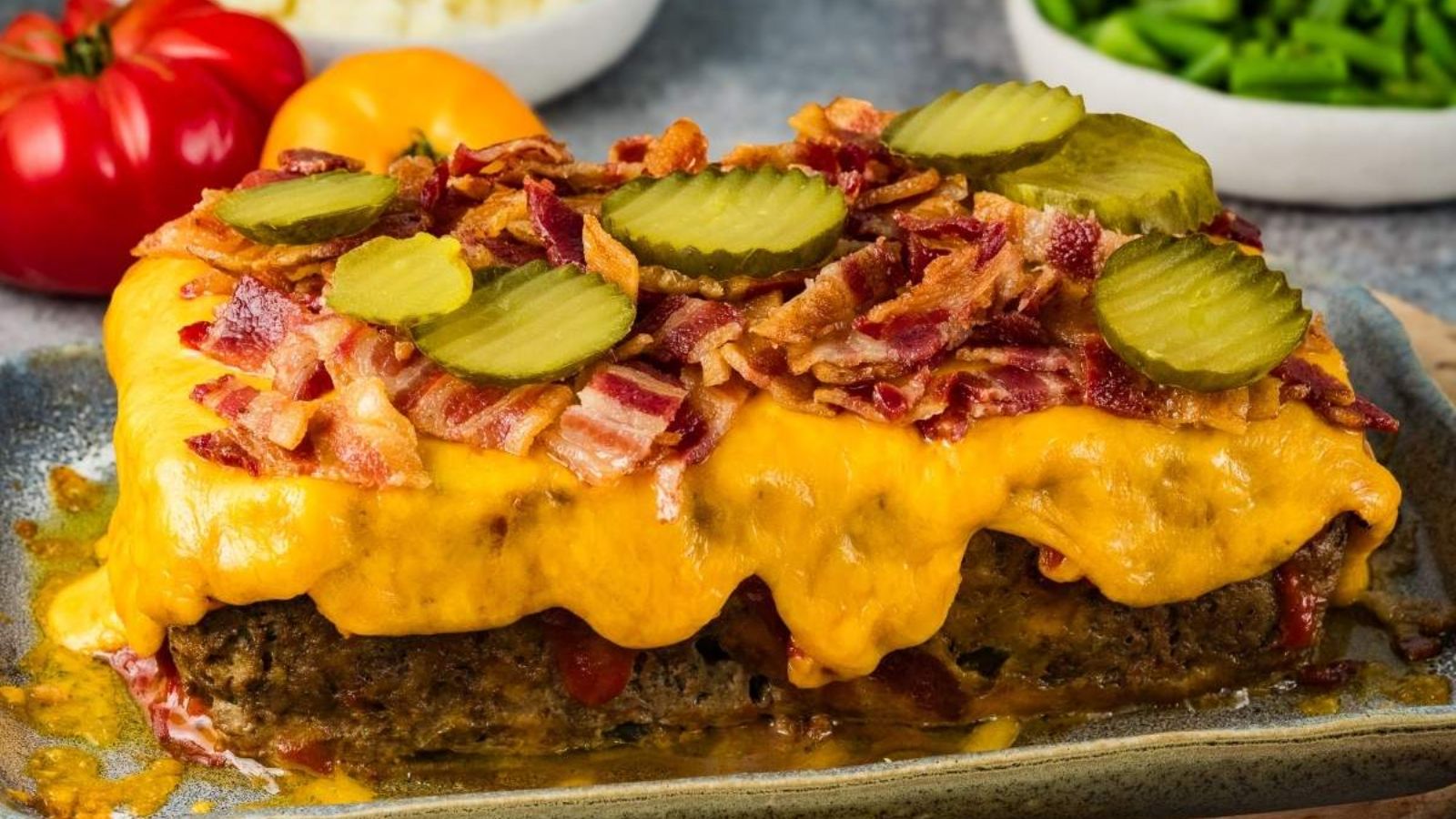 Bacon cheeseburger meatloaf with toppings.