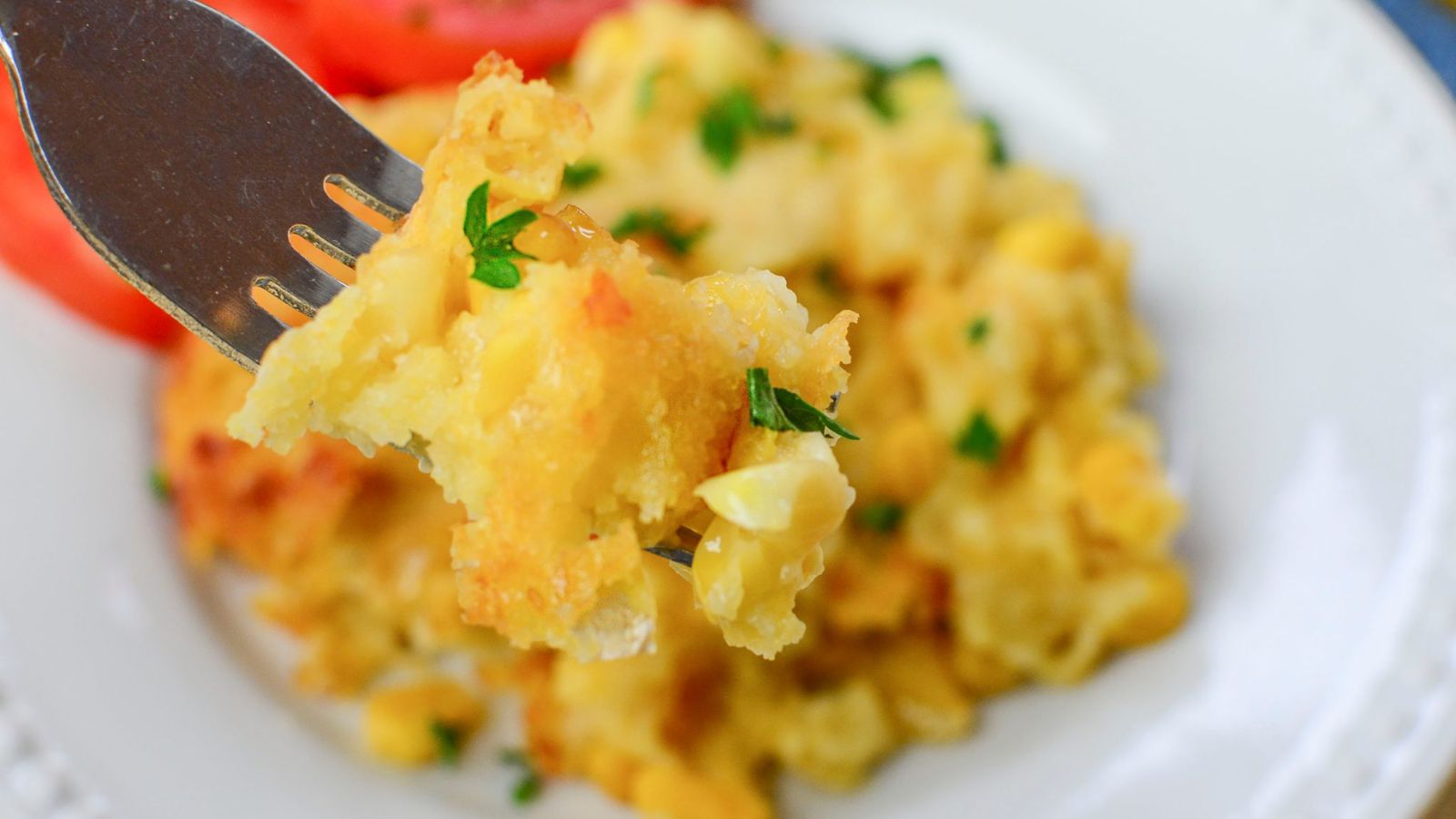 Corn casserole close up shot.
