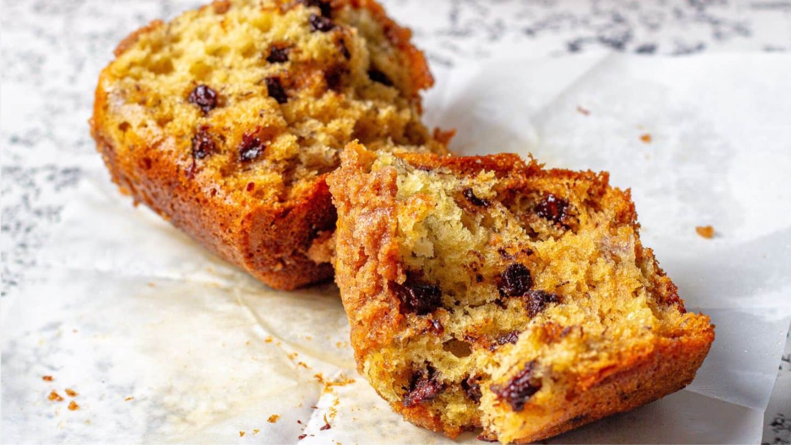 Banana muffin with chocolate chips.