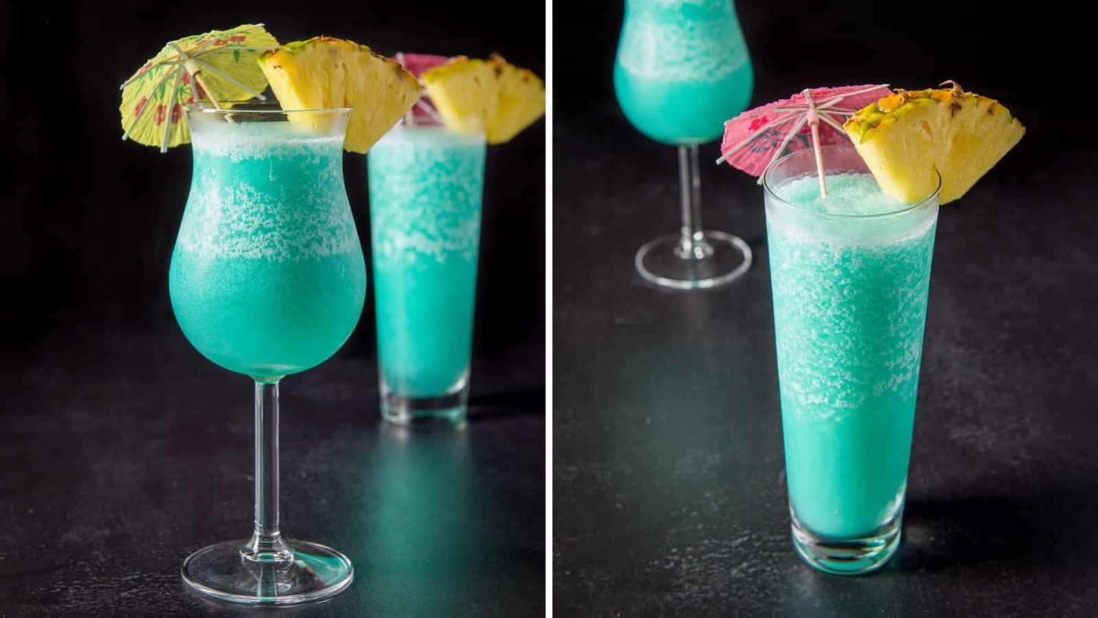 Blue hawaiian cocktail in glasses.