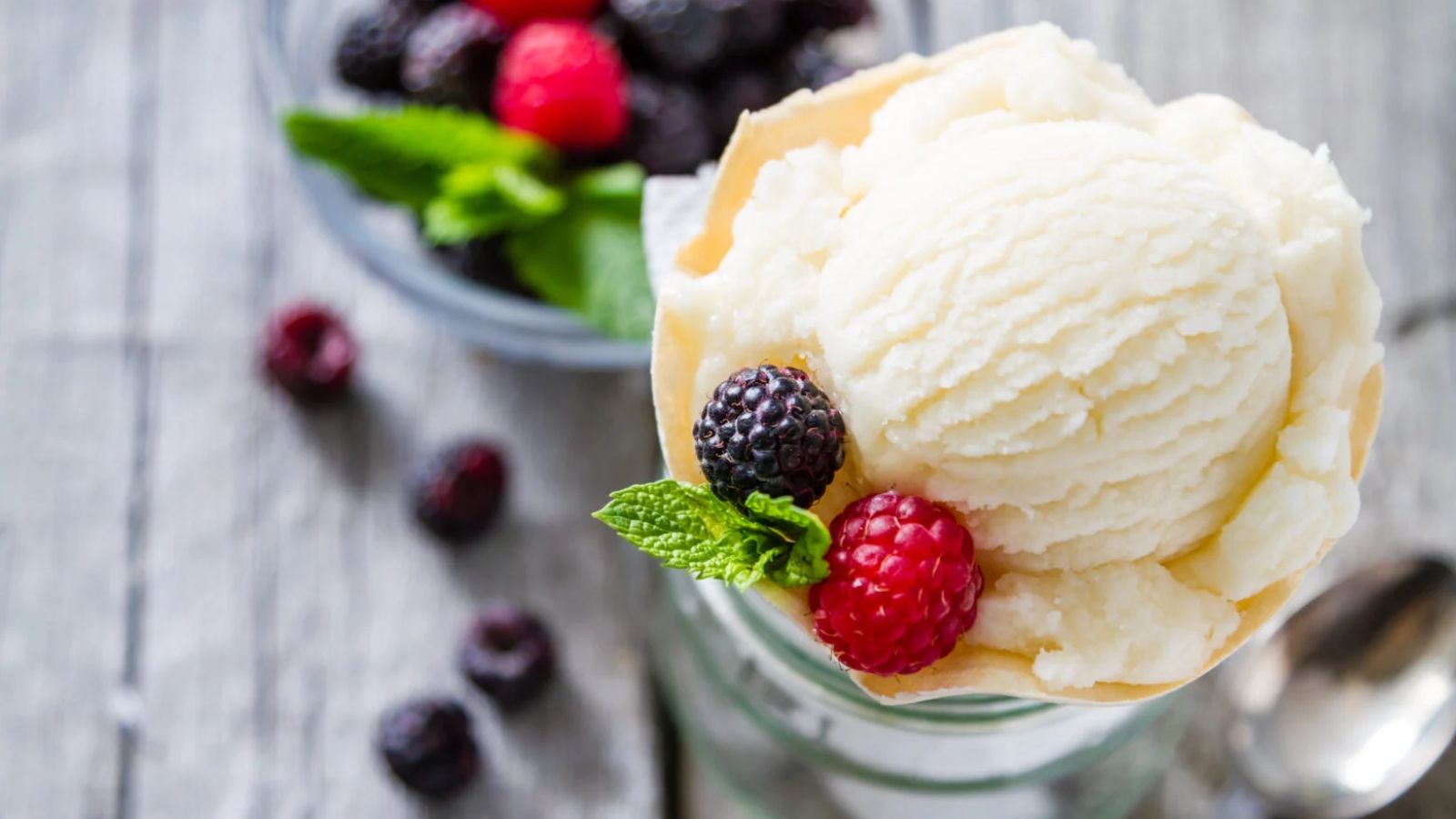 A scoop of vanilla ice cream with berries.