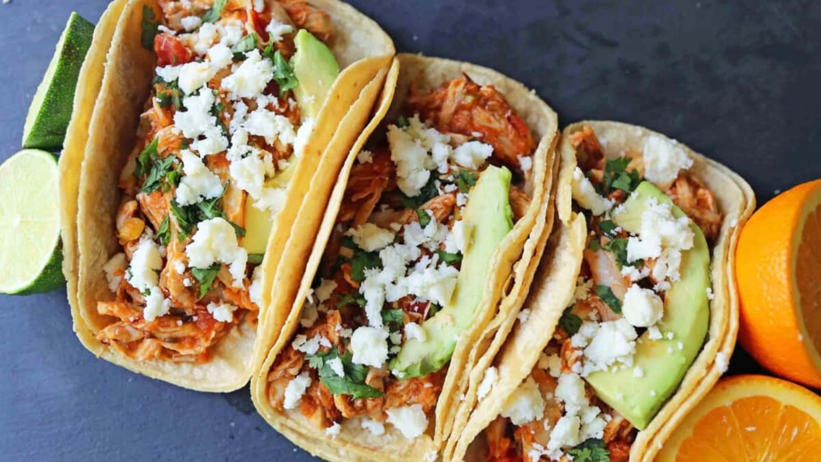 Three pieces chicken tacos.
