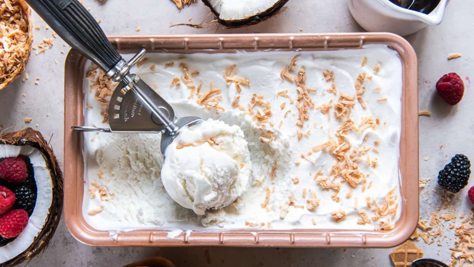 Coconut ice cream with toppings.