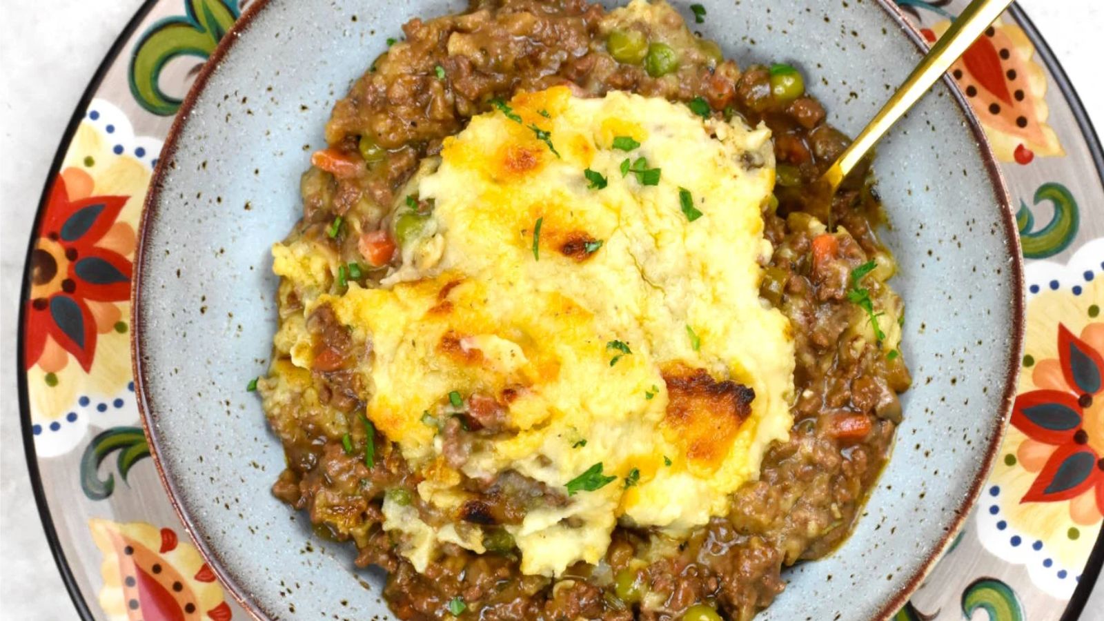 Cottage pie on a plate.