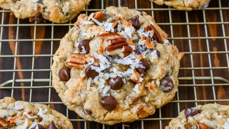 Close up shot of cookie with toppings.