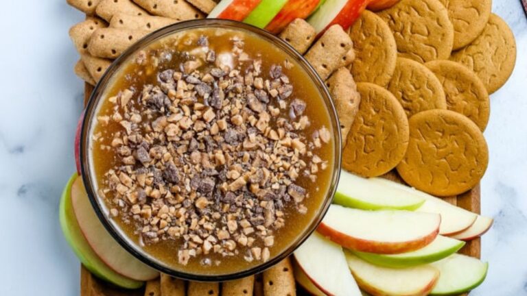 Cream cheese caramel apple dip in a bowl.