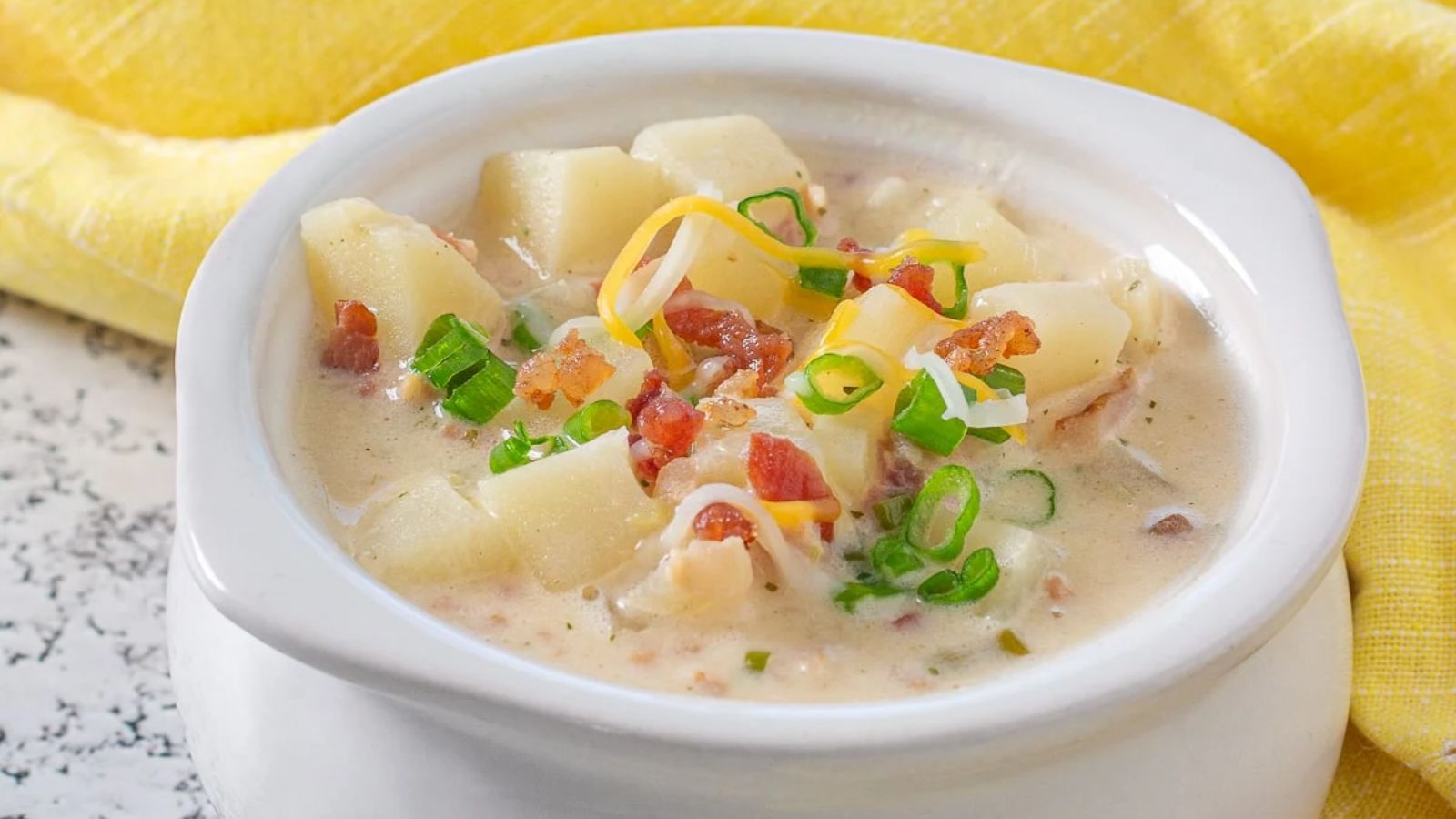 Potato soup in a bowl.