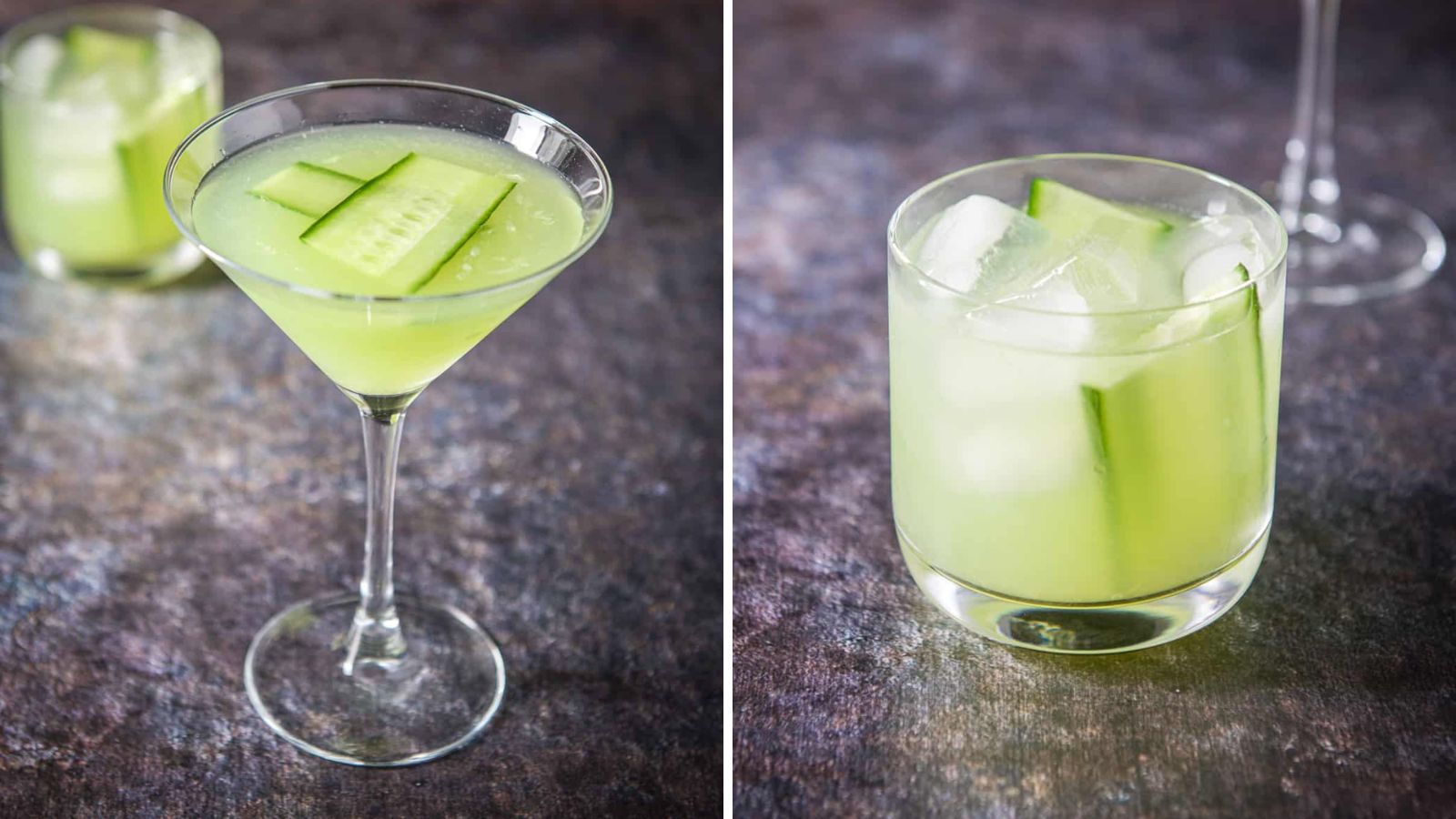 Cucumber gimlet in glasses.