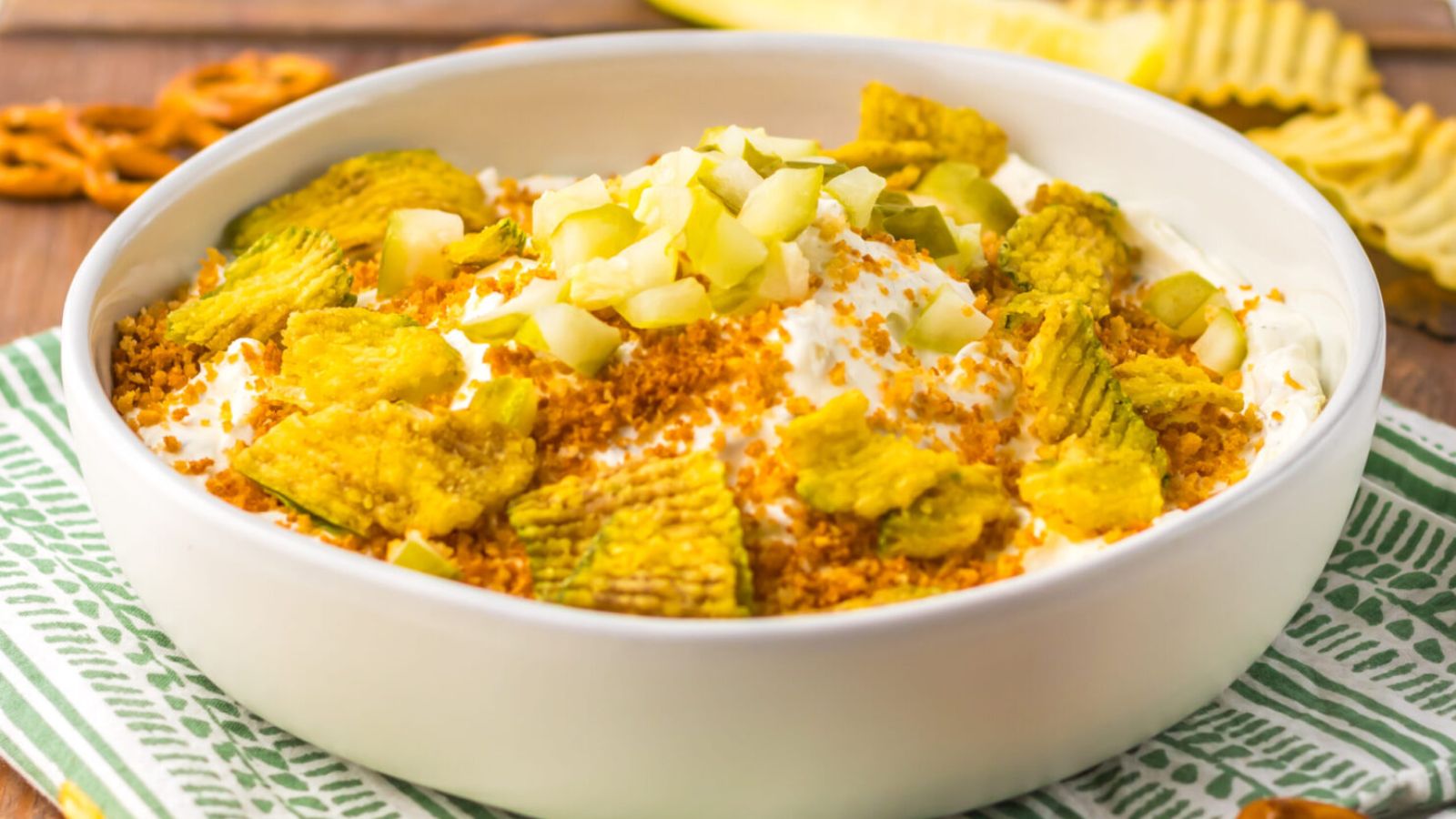 Fried pickle dip in a bowl.