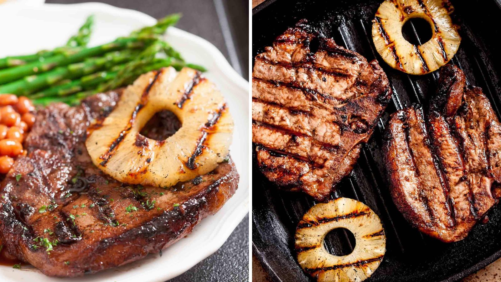 Grilled pork chops with pineapple.