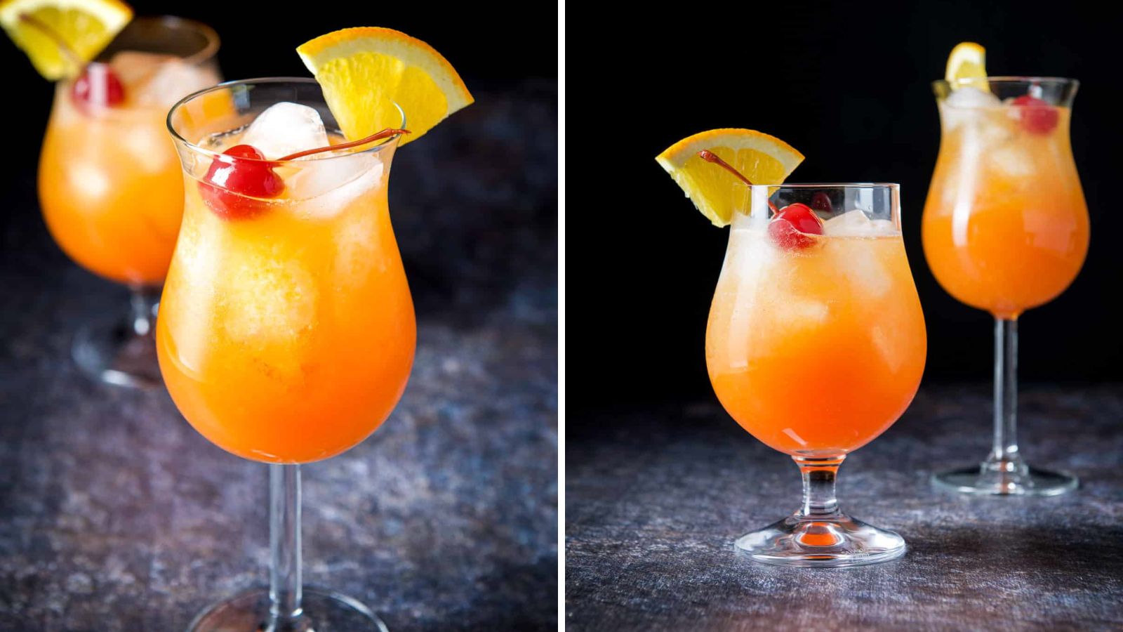 Hurricane cocktail with cherry and sliced orange.