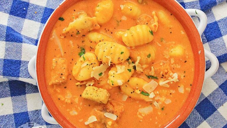 Gnocchi soup in a bowl.