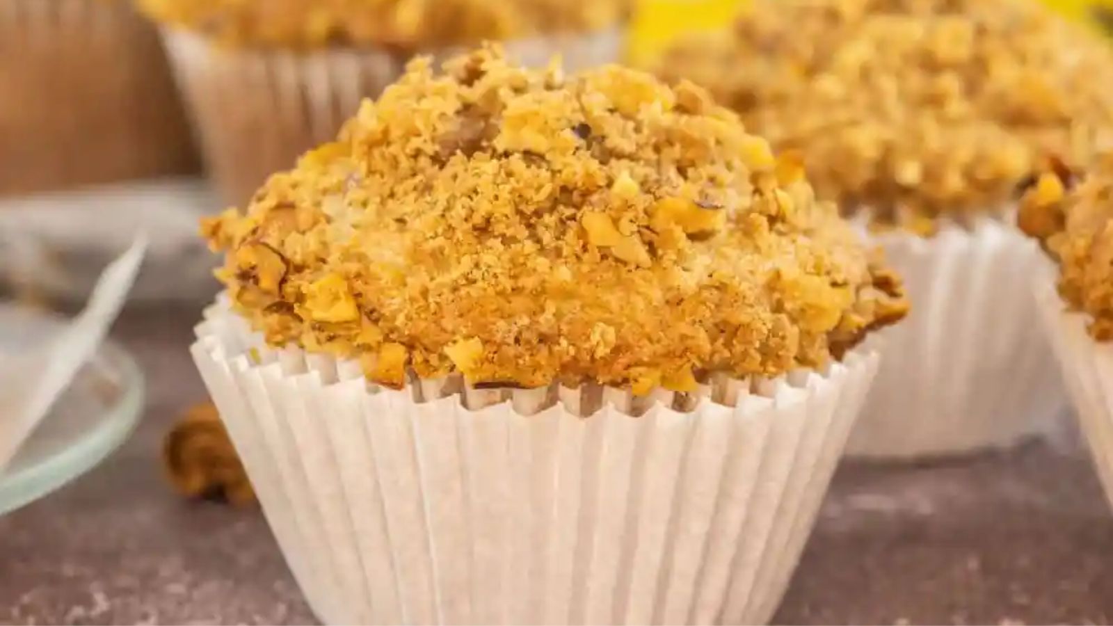 Banana nut muffin close up.