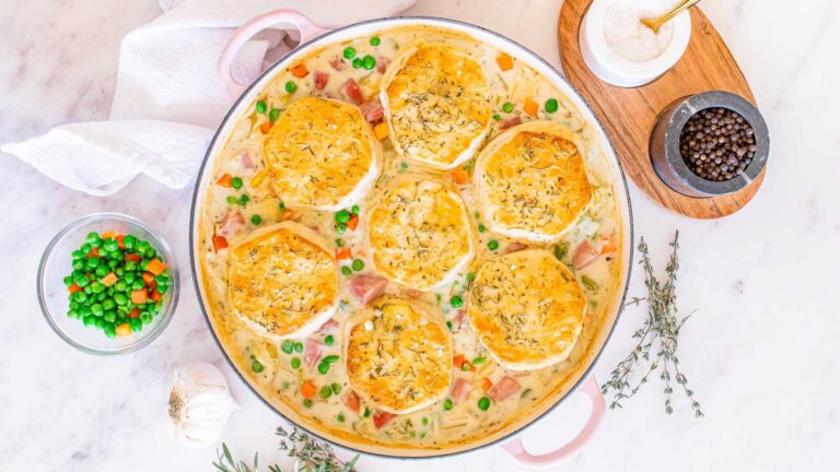 Ham pot pie with biscuits.