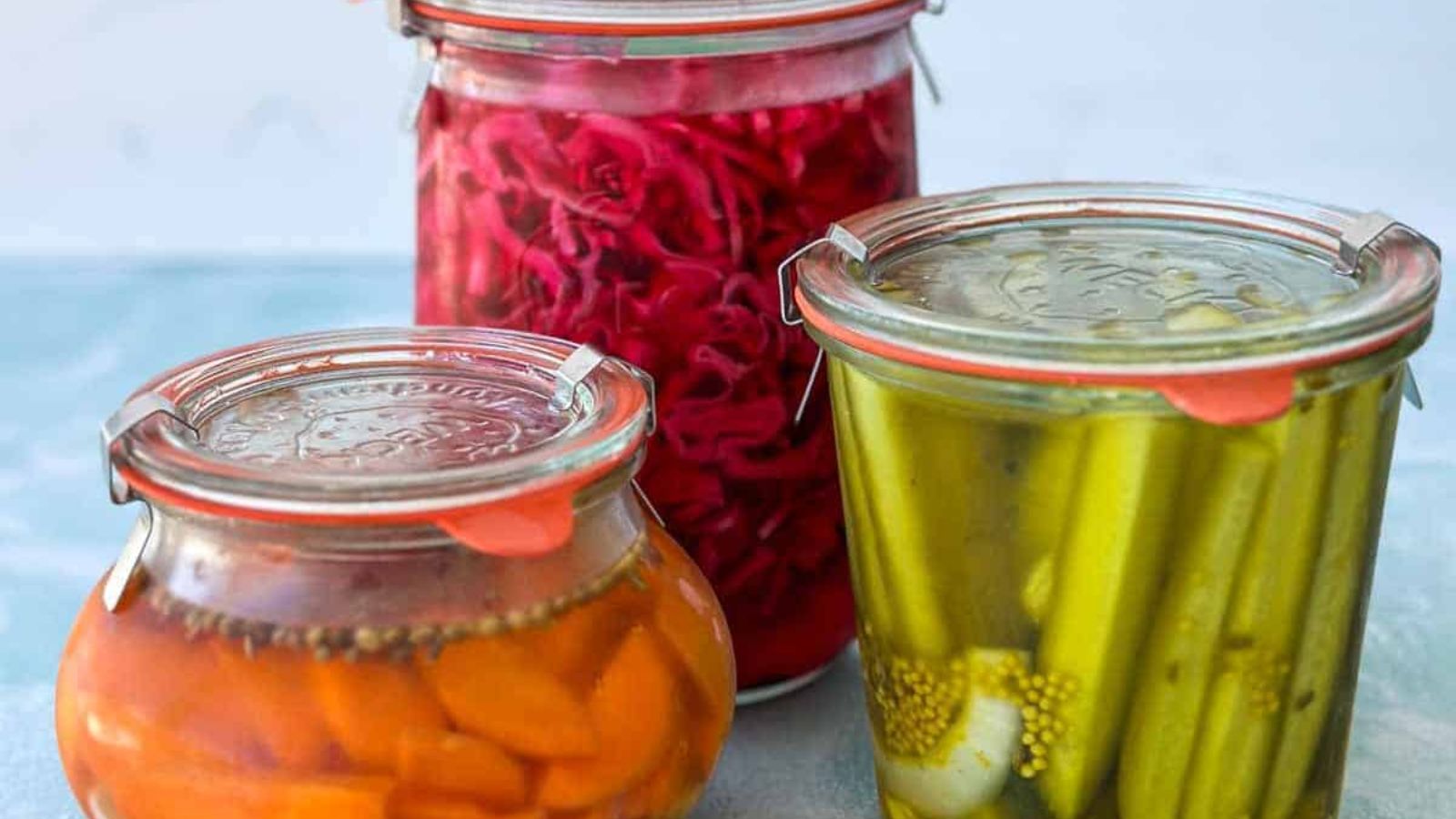 Cabbage and pickles in jars.