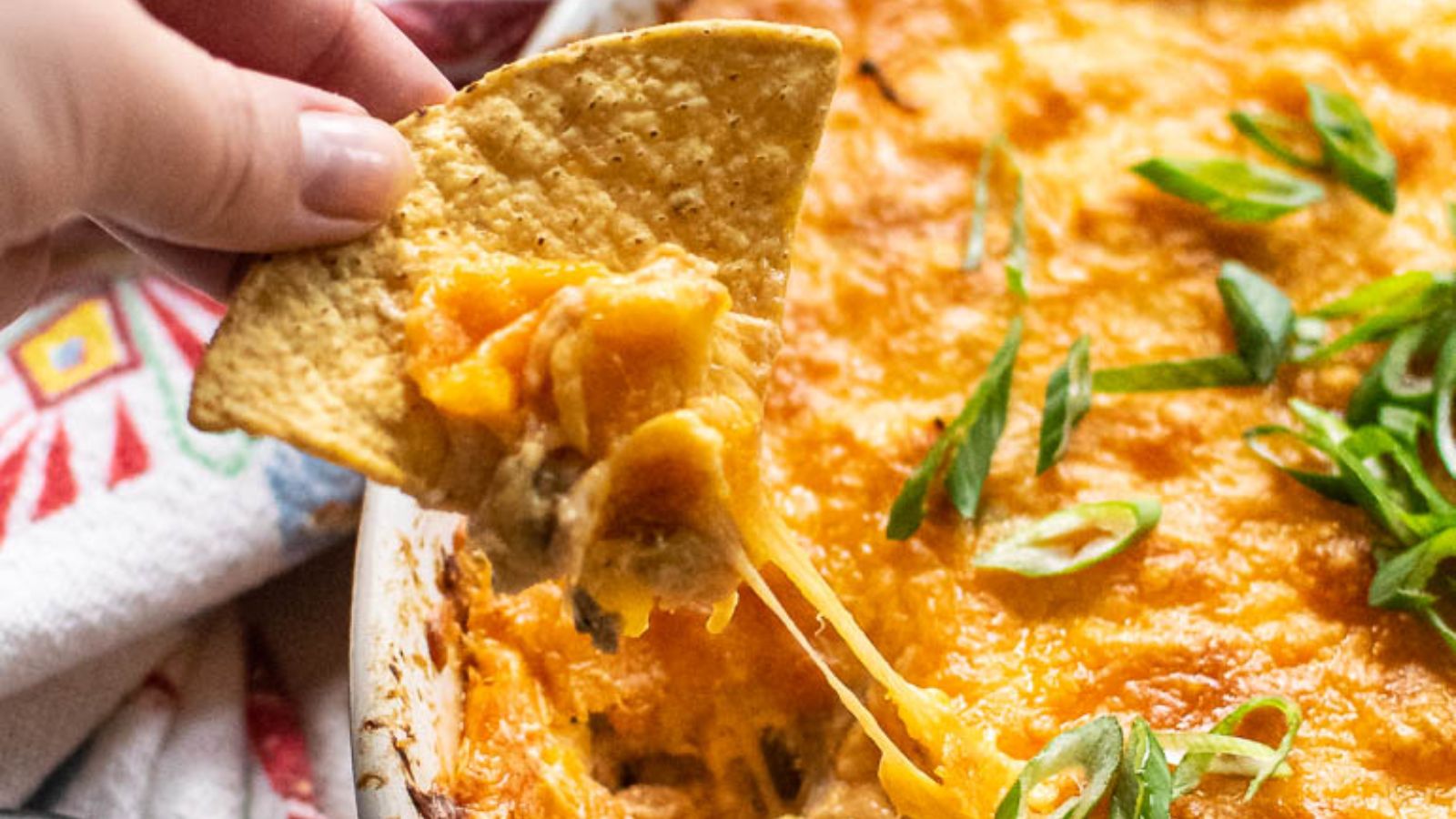 Chip dipping in shredded chicken dip.