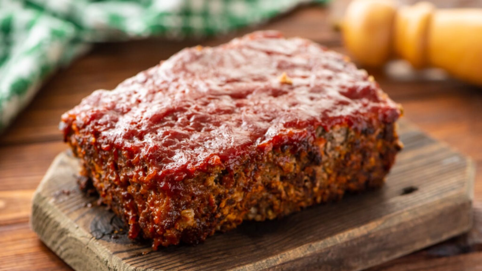 a Whole classic meatloaf on a wooden board.