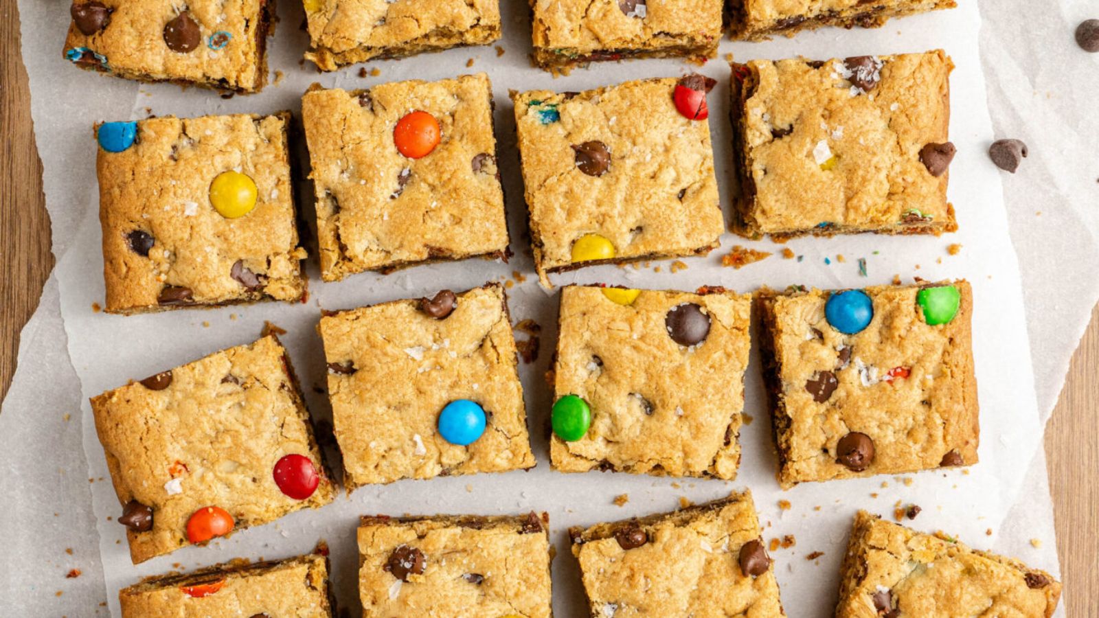 Cookie bars on a white surface.