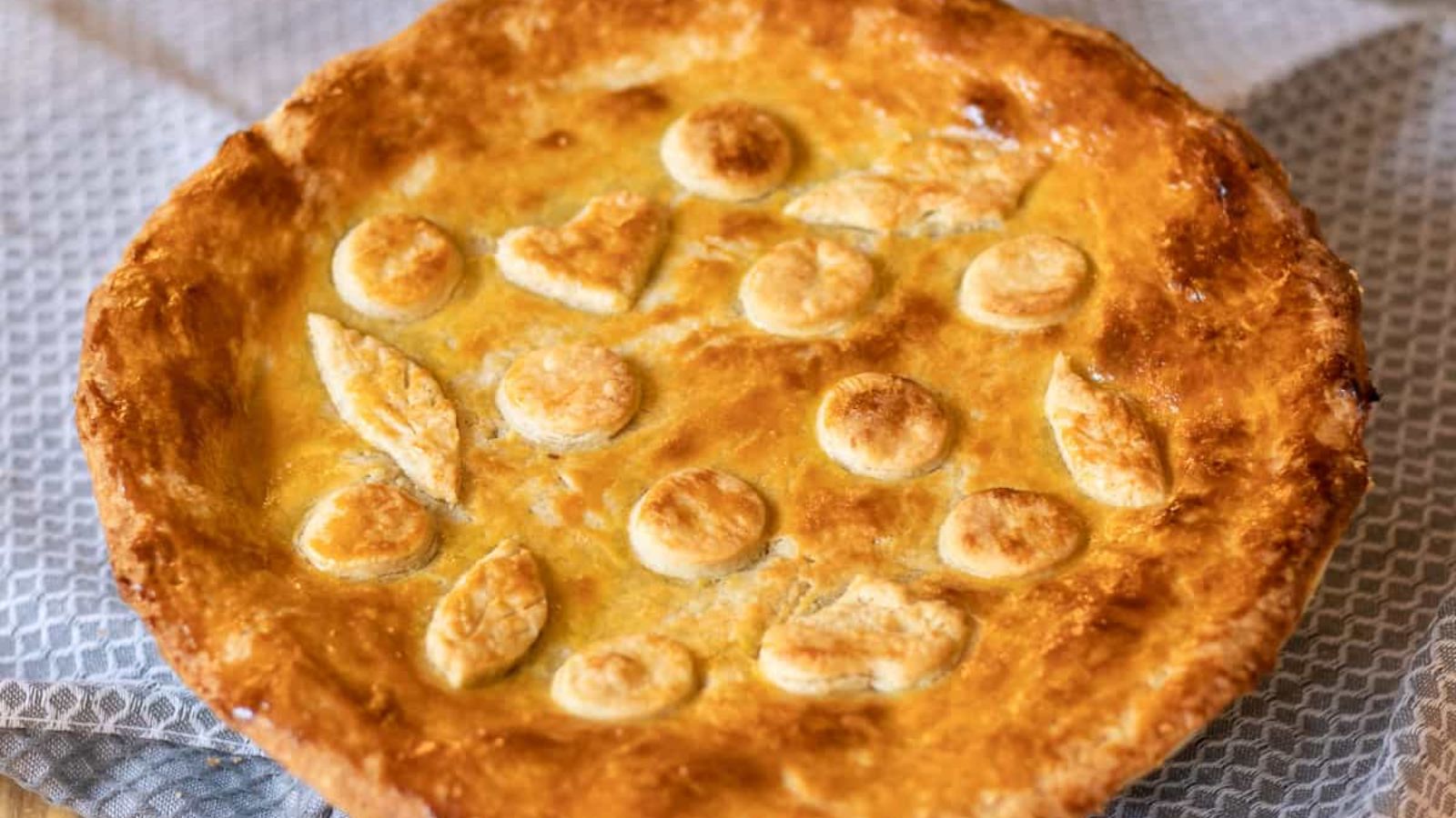 Close up shot of mushroom and leek pie.
