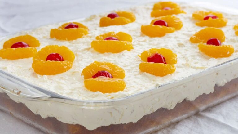 Pig pickin' cake in a glass tray.