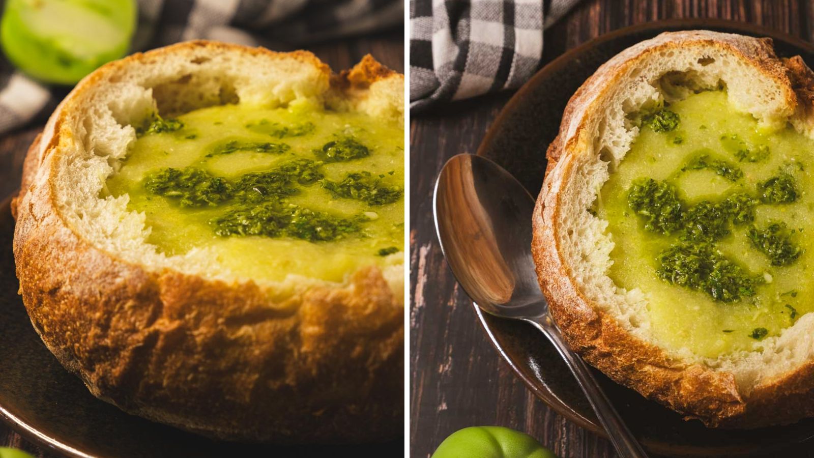 Green tomato soup in sourdough bread.