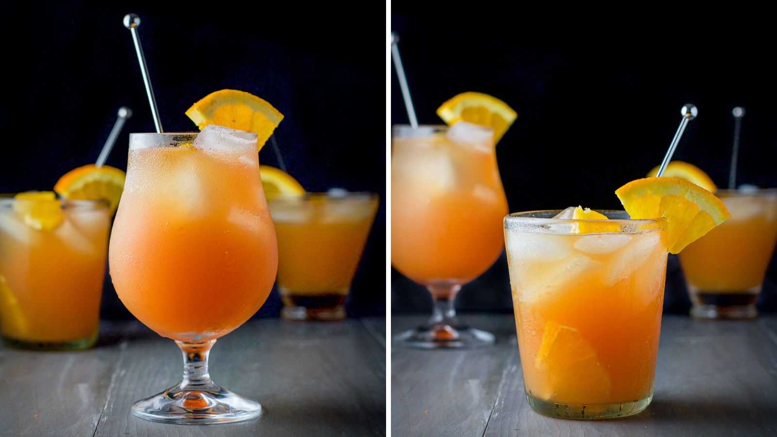 Rum swizzle cocktail in with sliced orange.