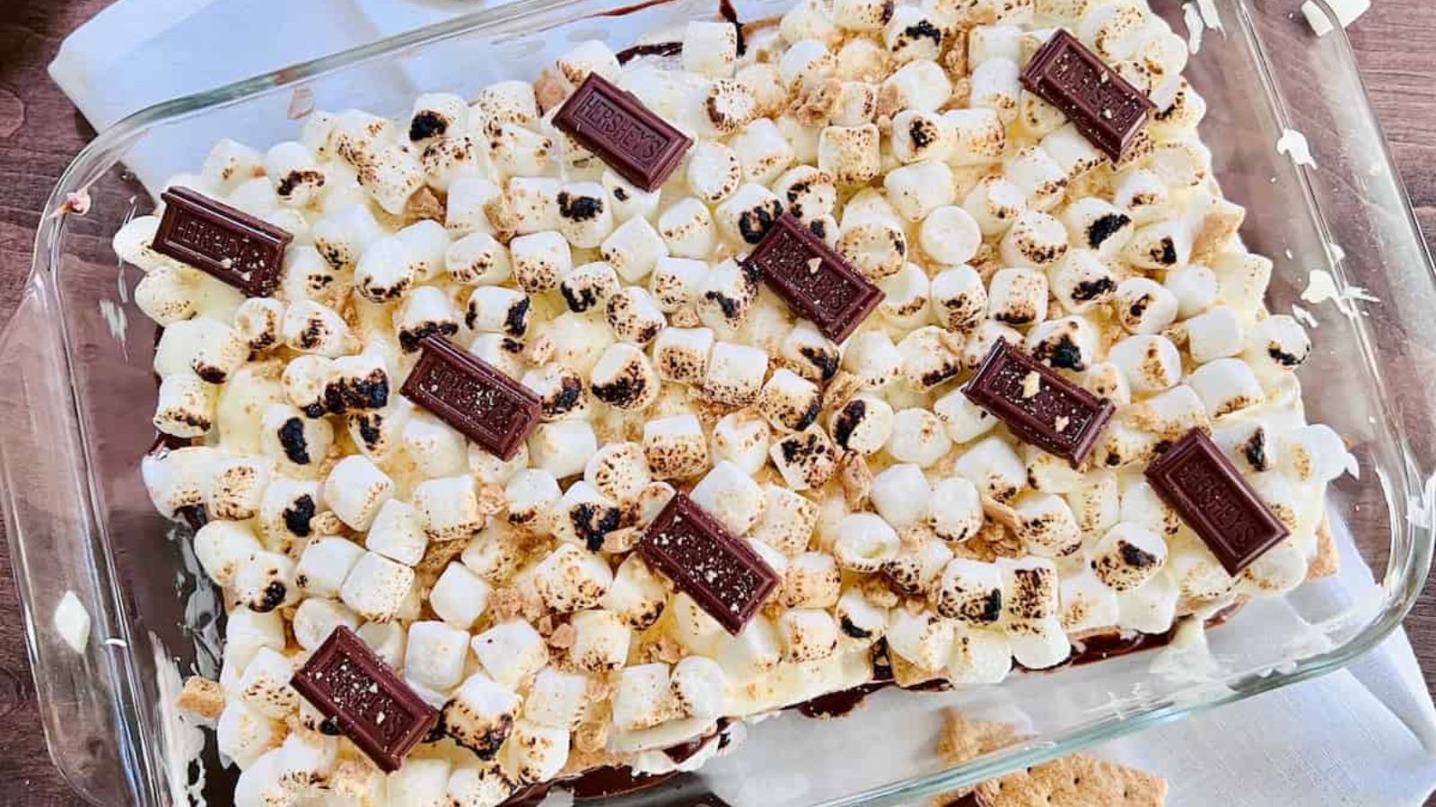 S'mores icebox cake in a glass tray.