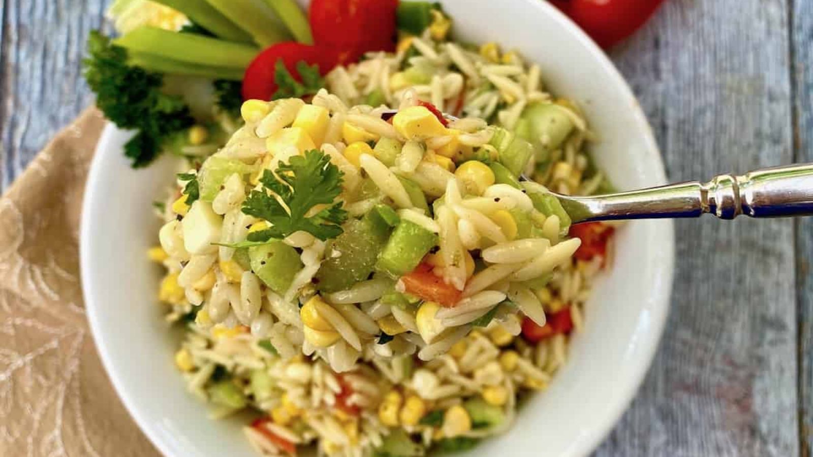 Corn pasta salad in a bowl.
