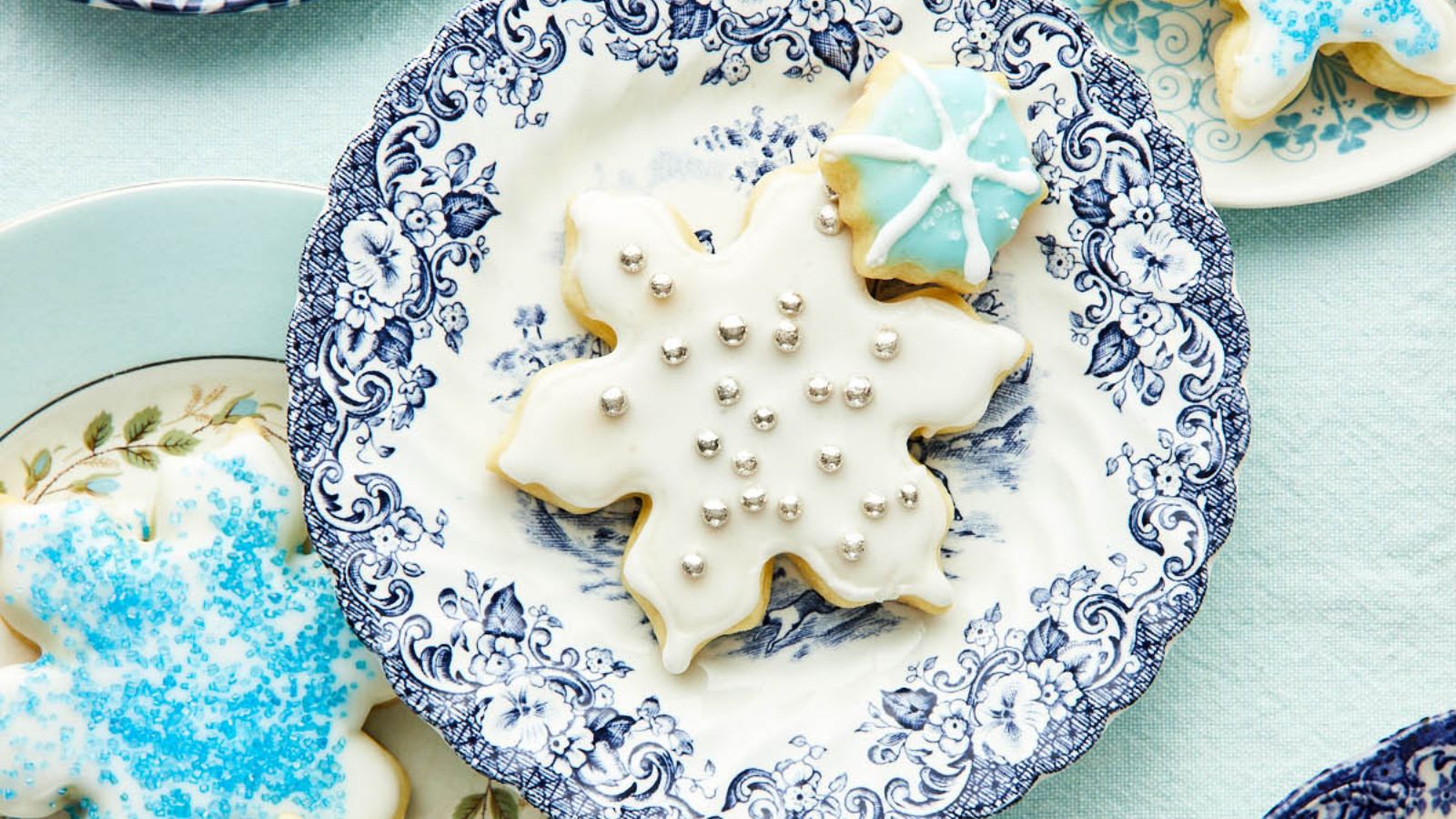 Snowflake cookies on a plate. 