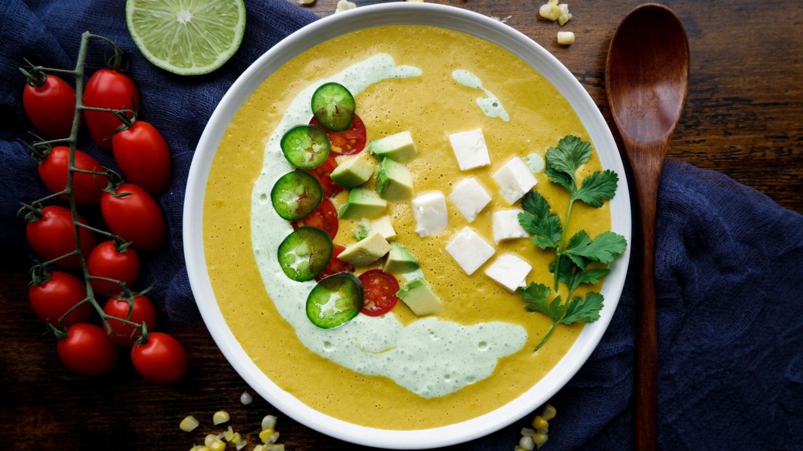 Corn soup with toppings. 