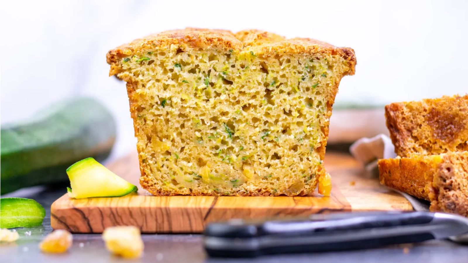 Zucchini bread on a wooden board.