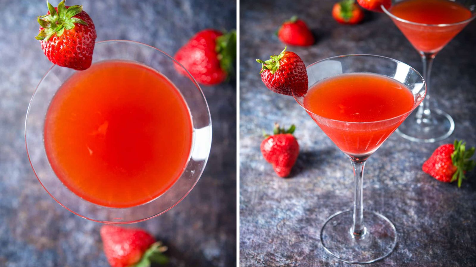 Strawberry cosmopolitan in cocktail glass with fresh strawberries.