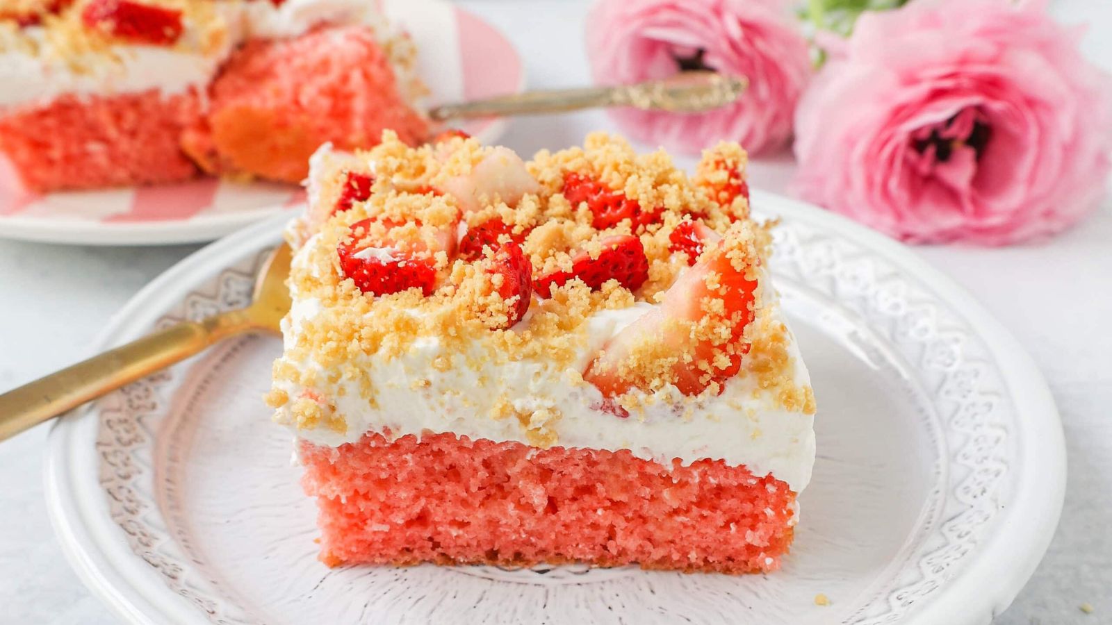 Slice of strawberry crunch cake.