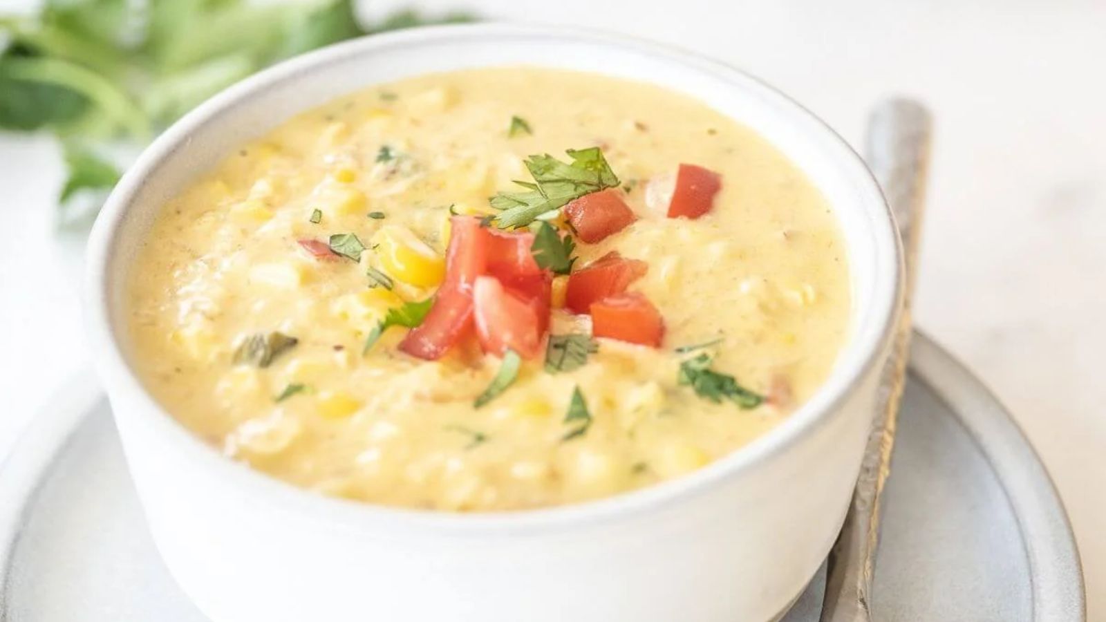 Corn chowder in a bowl.