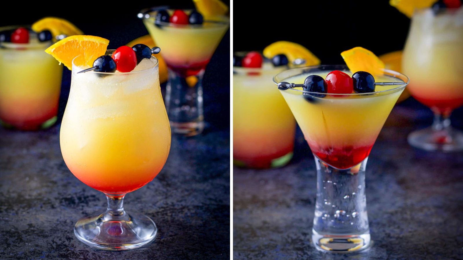 Tequila sunrise with fresh fruits.