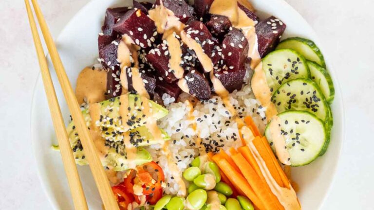 Poke bowl with beets in a bowl.