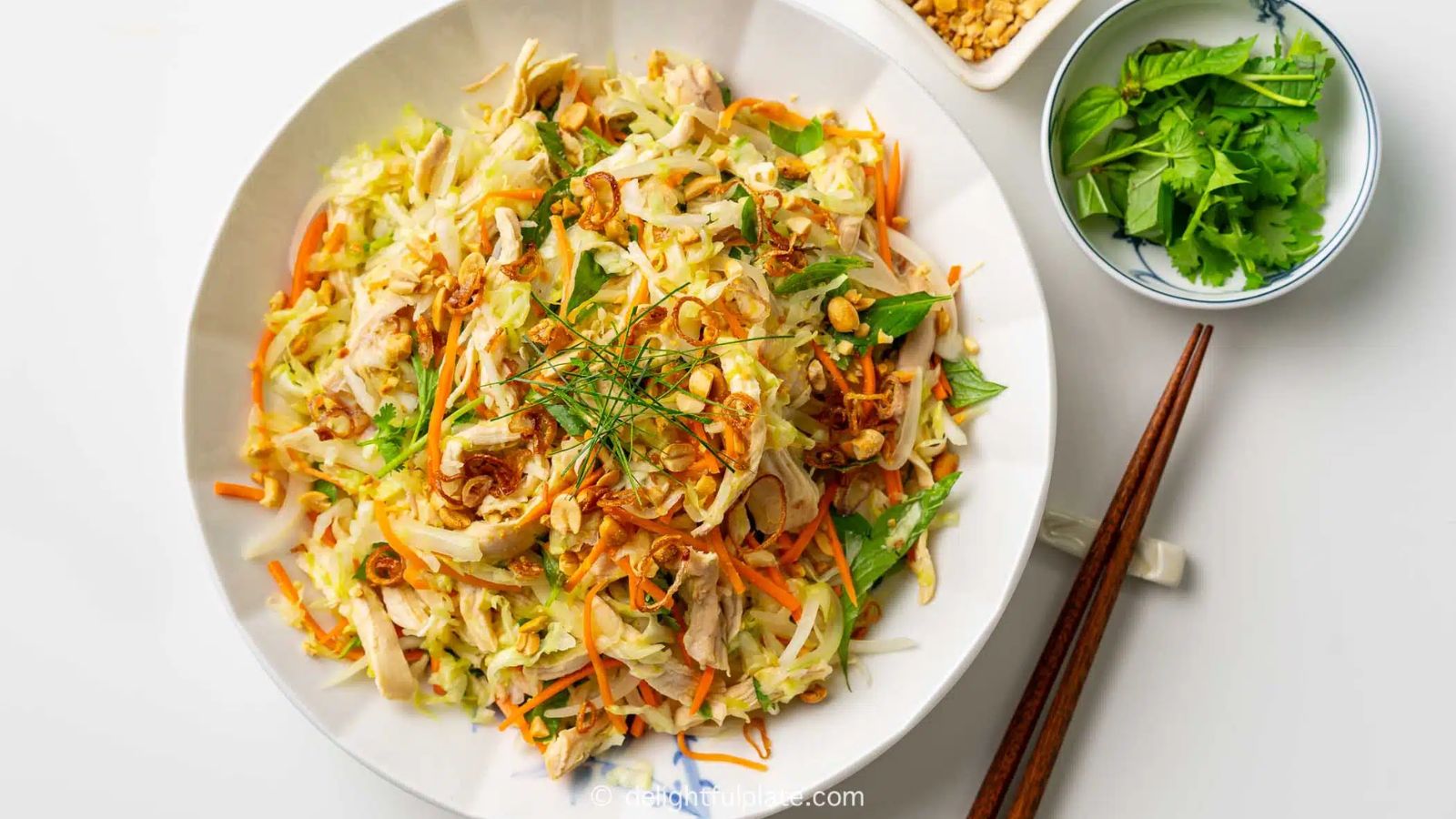 Chicken and cabbage salad on a plate.