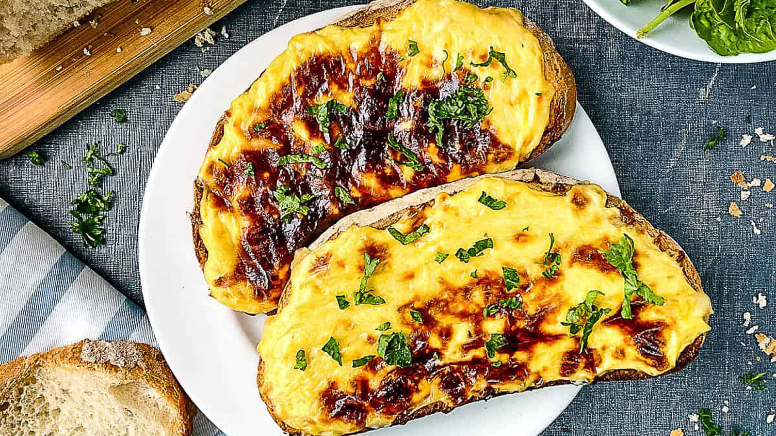 Welsh rarebit on a white plate.