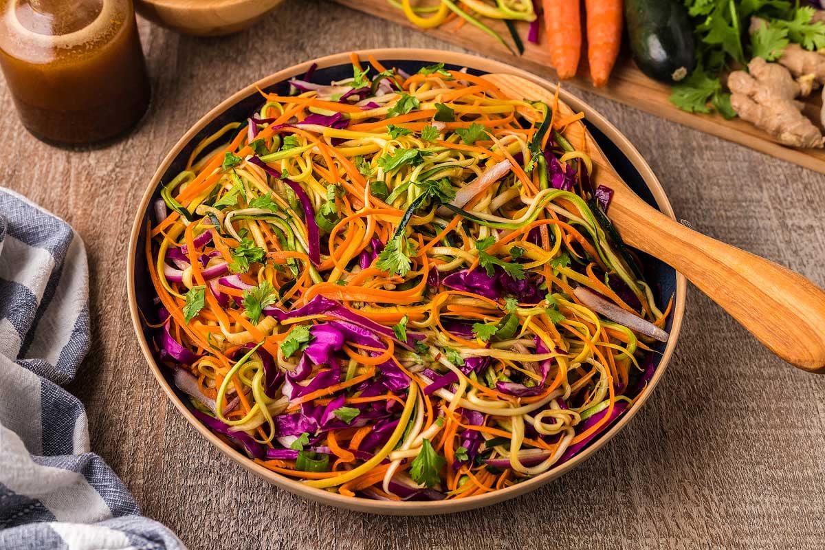 Colorful salad with a spiralized vegetables.