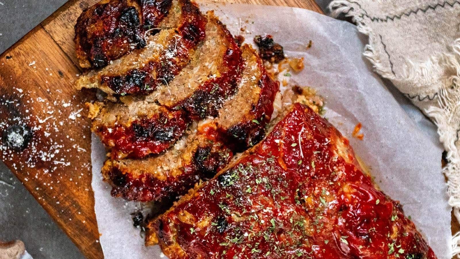 Sliced meatloaf on a piece of parchment paper.