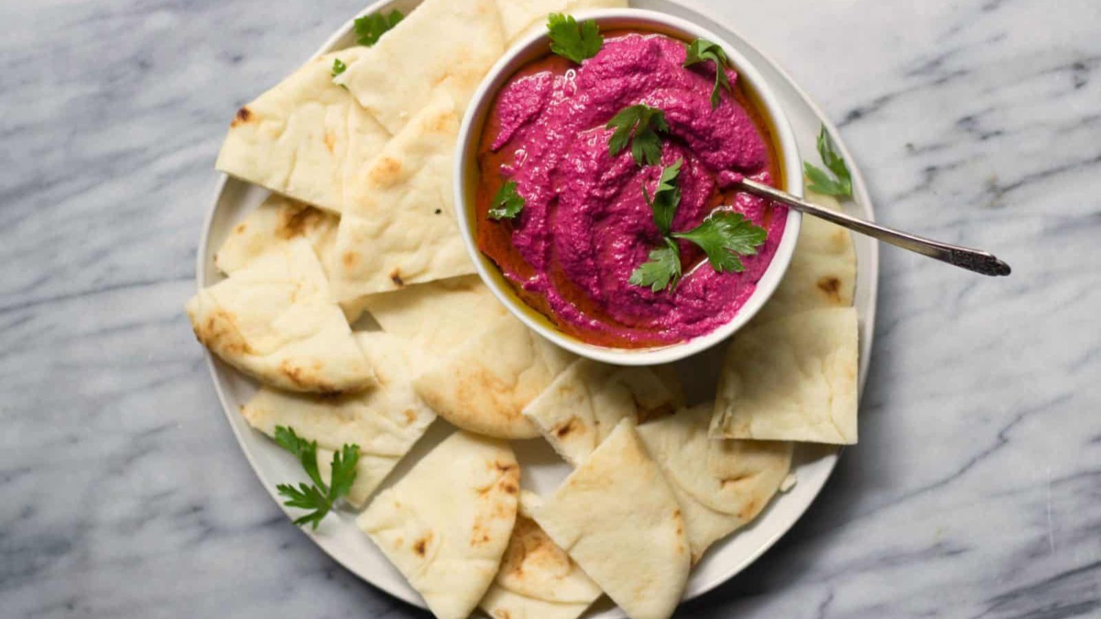 Lemon beet hummus with tortilla.