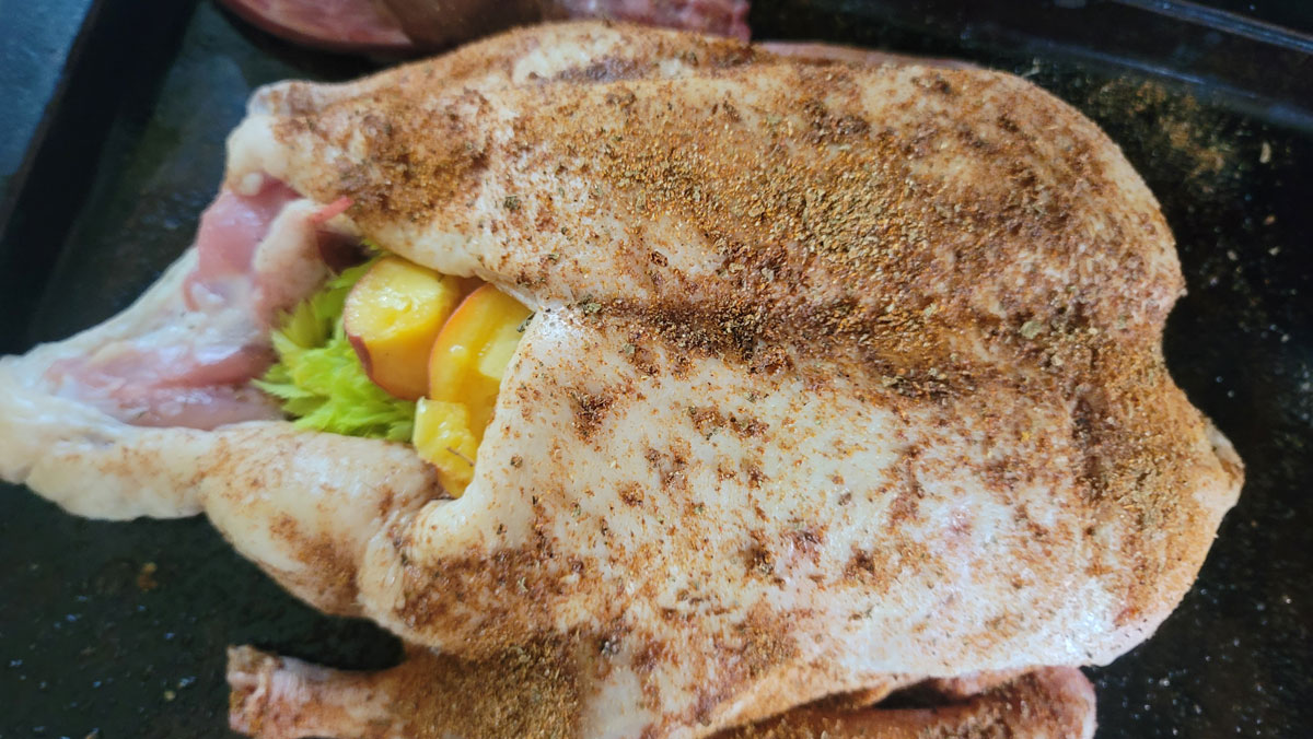 Mirepoix added to the cavity of the duck.
