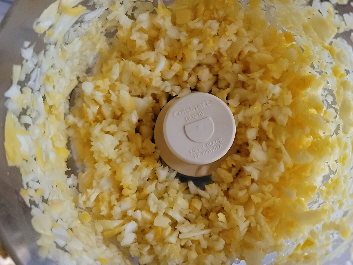 Pulsed squash in food processor bowl.