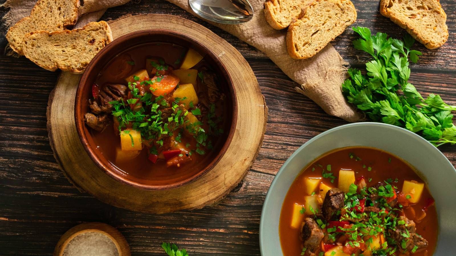 Hungarian goulash in two bowls.