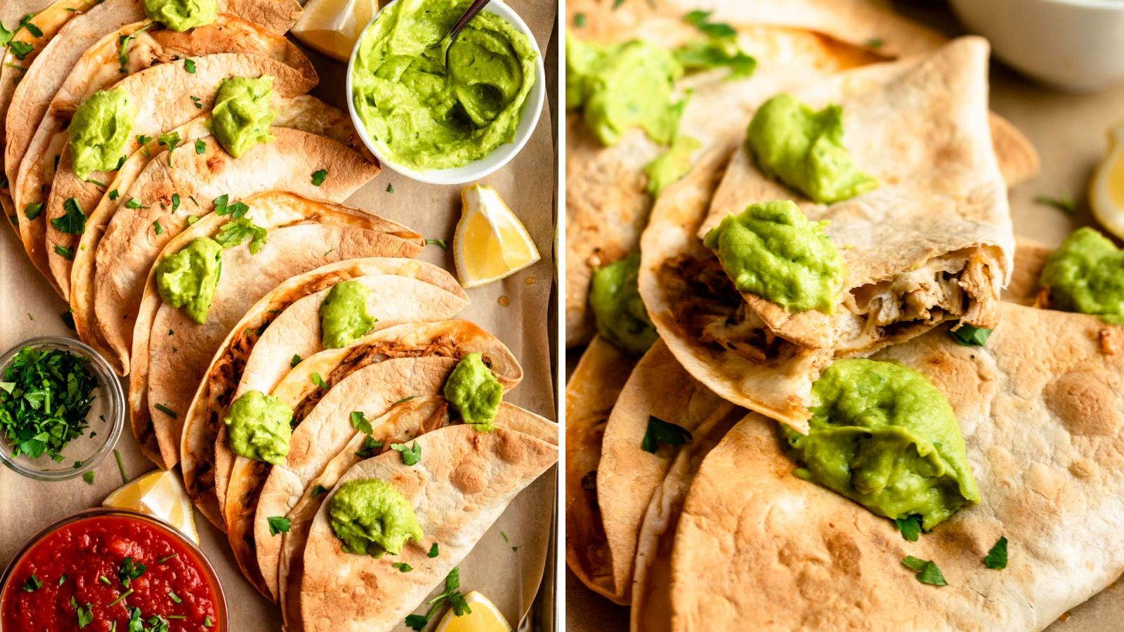 Chicken tacos with avocado sauce.
