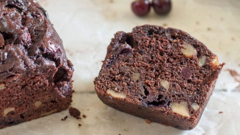 A slice of black forest banana chocolate bread.