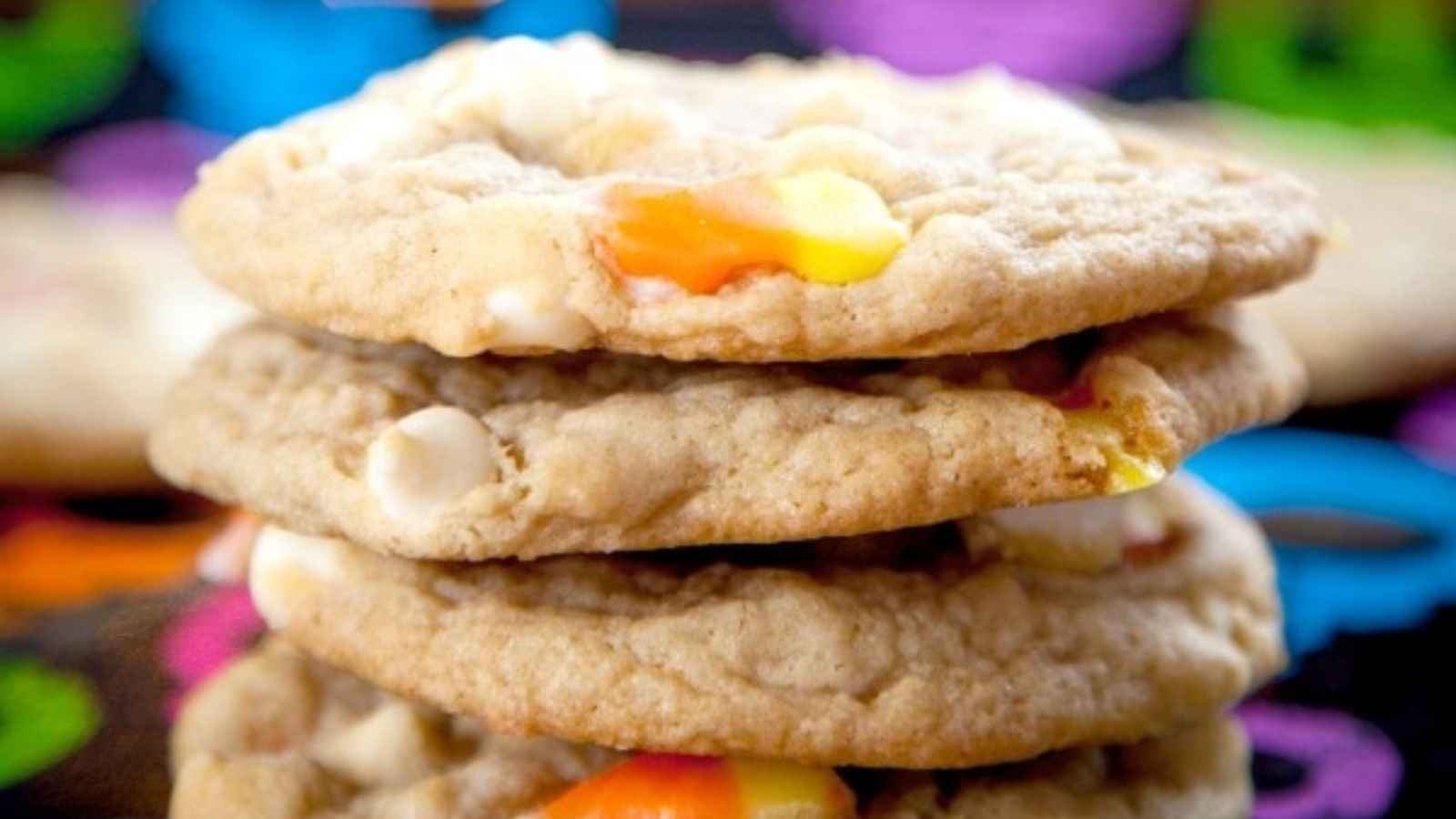 Stack of candy corn cookies.