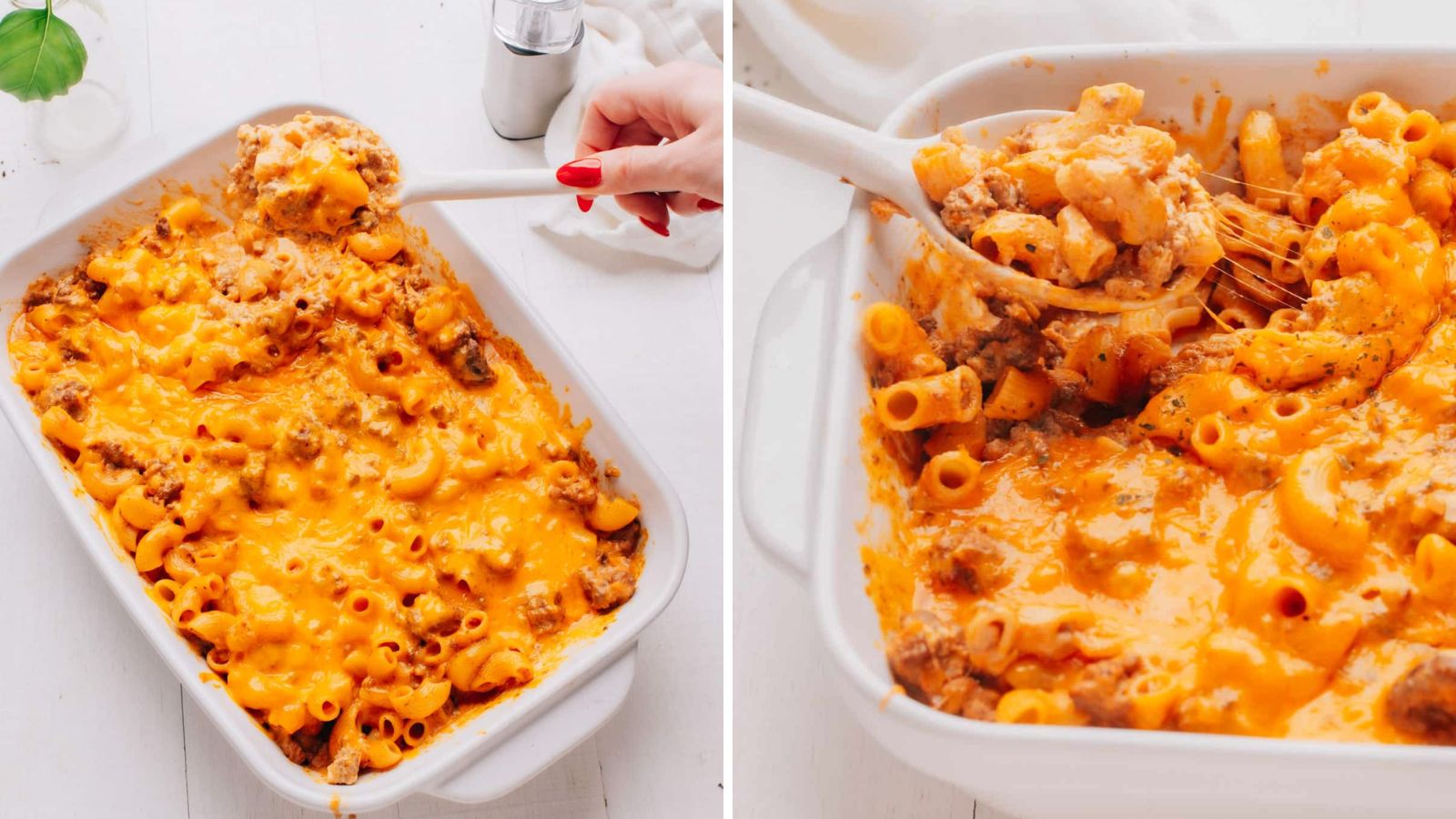 Cheeseburger casserole on a glass tray.