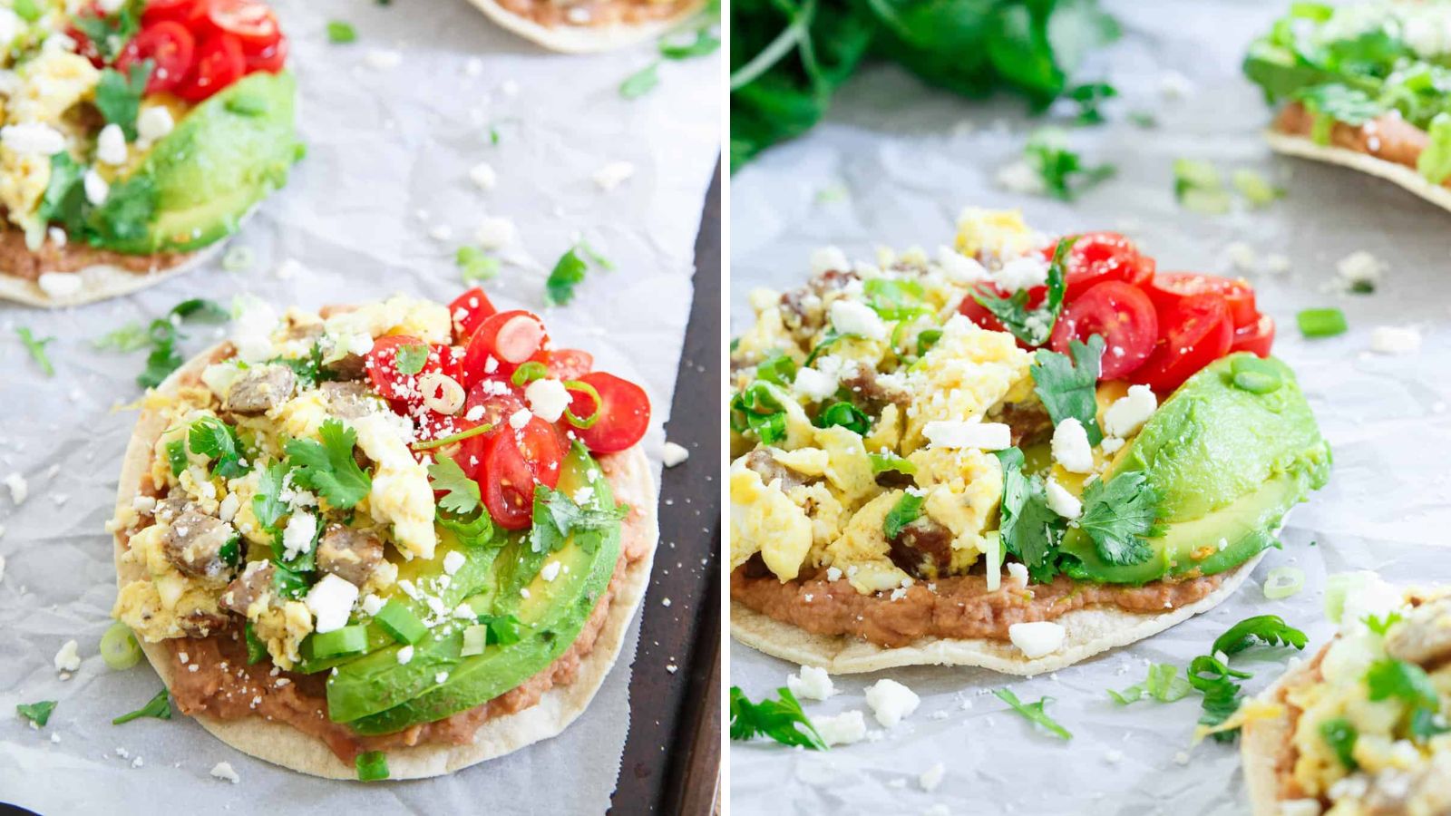 Corn tortilla topped with beans, eggs, cheese, and avocado.